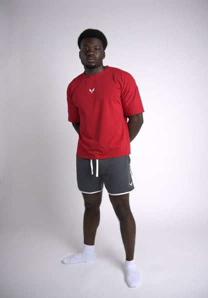 Lycan Oversized T-Shirt Red full body front view with Lycan grey shorts