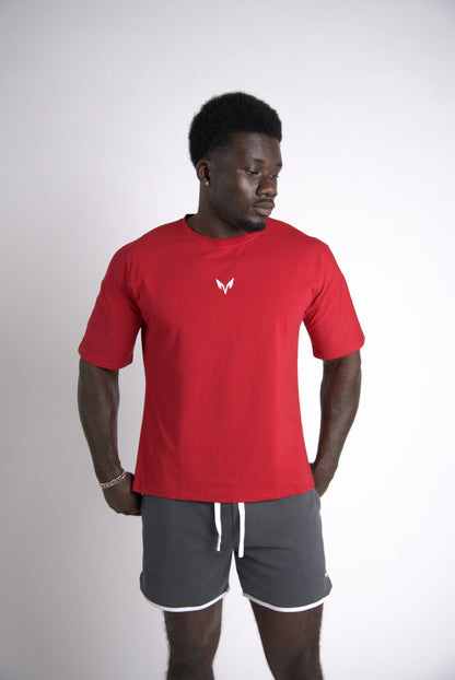 Lycan Oversized T-Shirt Red full front view with Lycan grey shorts