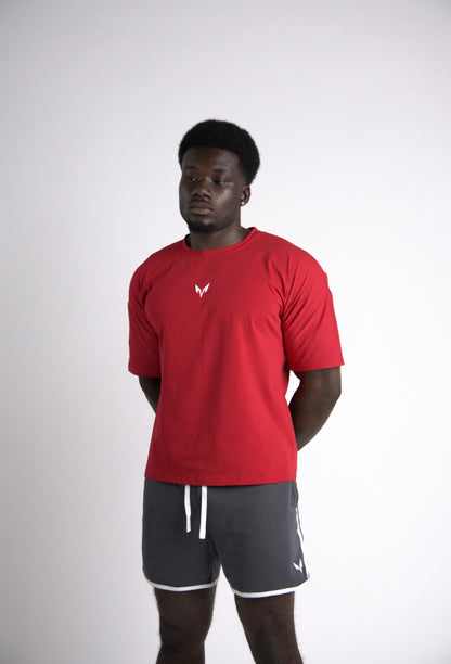 Lycan Oversized T-Shirt Red relaxed full front view with Lycan grey shorts
