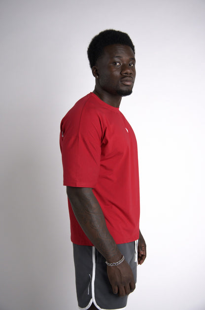 Lycan Oversized T-Shirt Red side profile with Lycan grey shorts