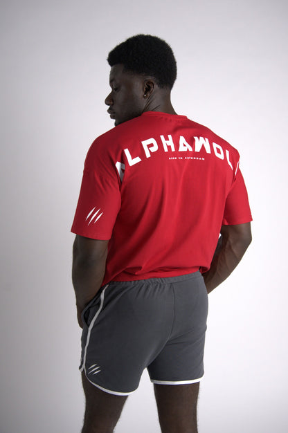 Lycan red T-Shirt and grey Training Shorts back three-quarter view