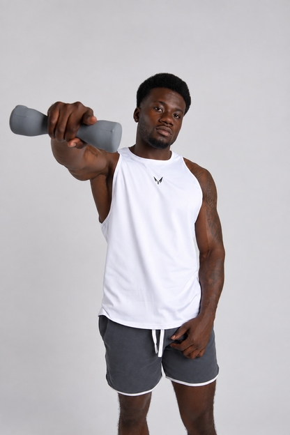 Lycan Training Tank White extended dumbbell action view